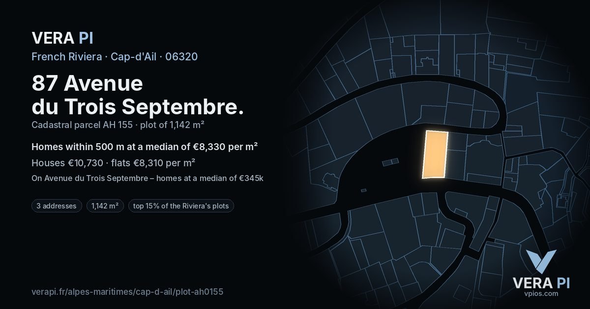 87 Avenue du Trois Septembre, Cap-d'Ail at night – the plot lit, the parcels around coloured by the prices near them