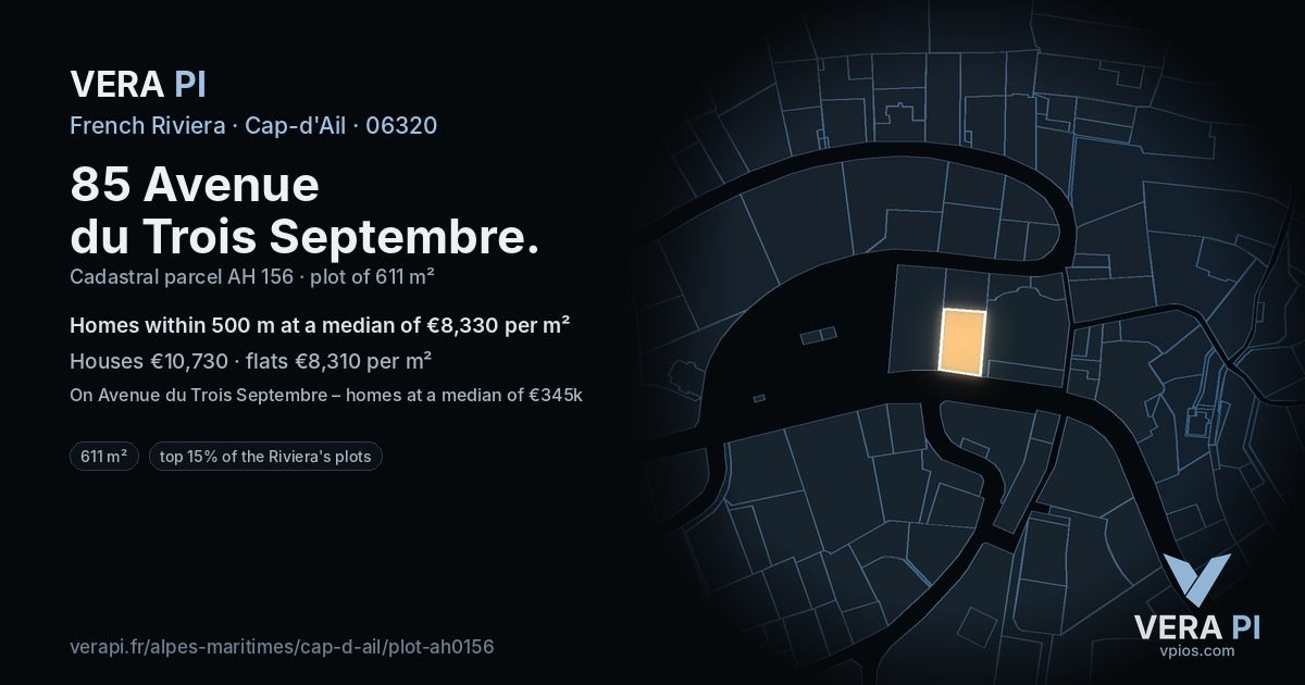 85 Avenue du Trois Septembre, Cap-d'Ail at night – the plot lit, the parcels around coloured by the prices near them