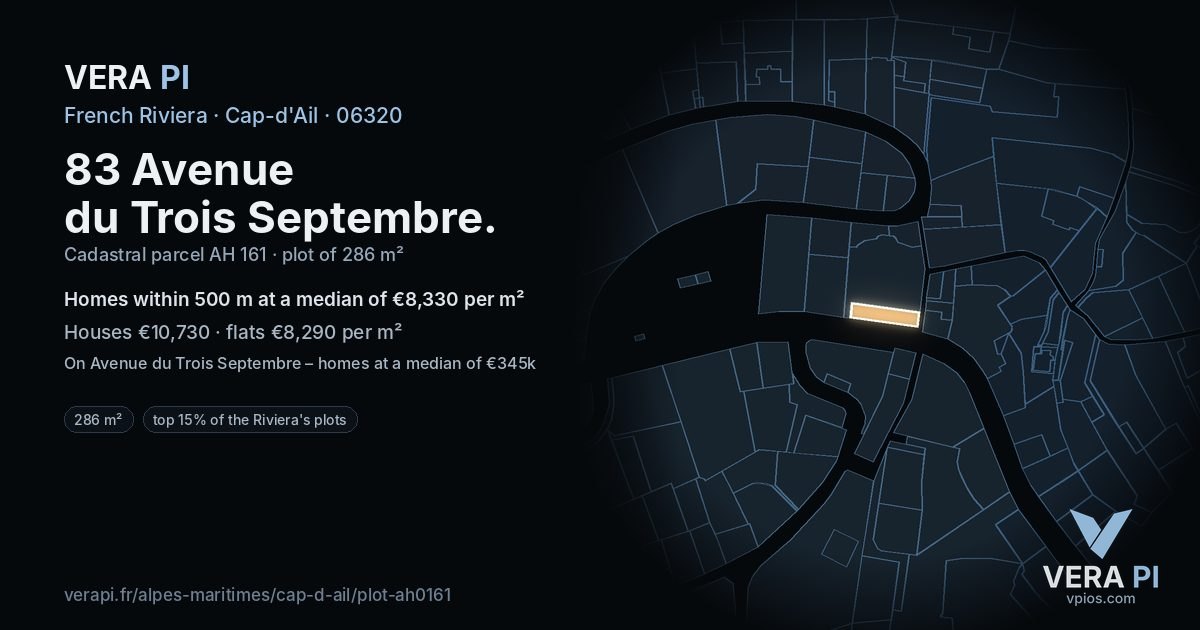 83 Avenue du Trois Septembre, Cap-d'Ail at night – the plot lit, the parcels around coloured by the prices near them