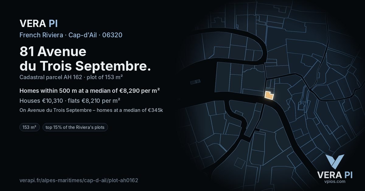 81 Avenue du Trois Septembre, Cap-d'Ail at night – the plot lit, the parcels around coloured by the prices near them