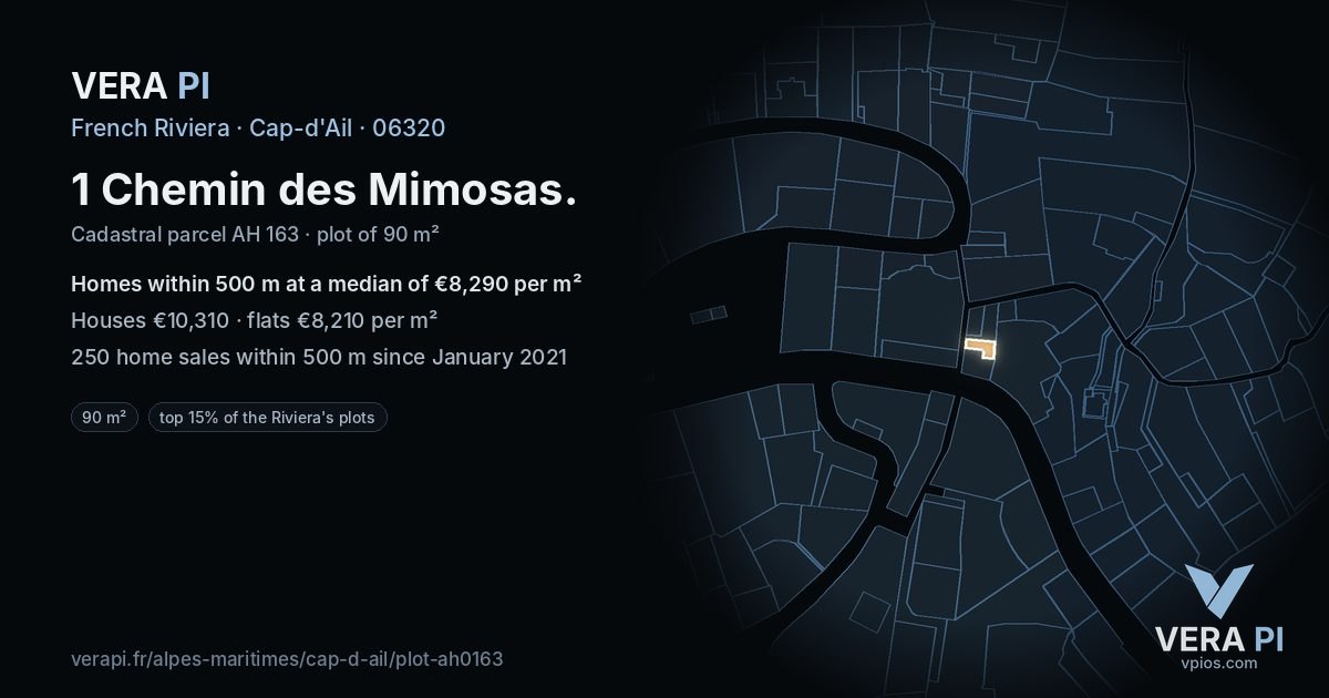 1 Chemin des Mimosas, Cap-d'Ail at night – the plot lit, the parcels around coloured by the prices near them