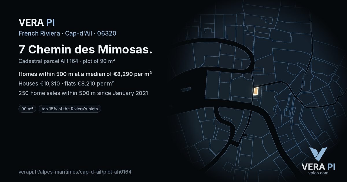 7 Chemin des Mimosas, Cap-d'Ail at night – the plot lit, the parcels around coloured by the prices near them