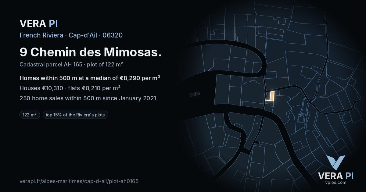 9 Chemin des Mimosas, Cap-d'Ail at night – the plot lit, the parcels around coloured by the prices near them