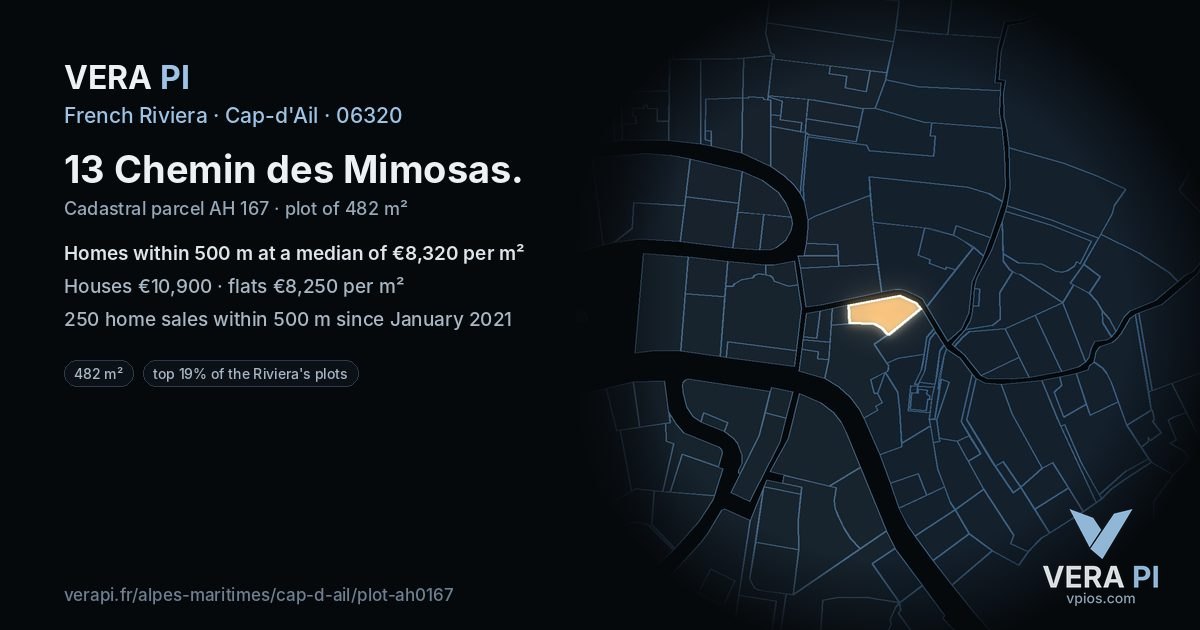 13 Chemin des Mimosas, Cap-d'Ail at night – the plot lit, the parcels around coloured by the prices near them