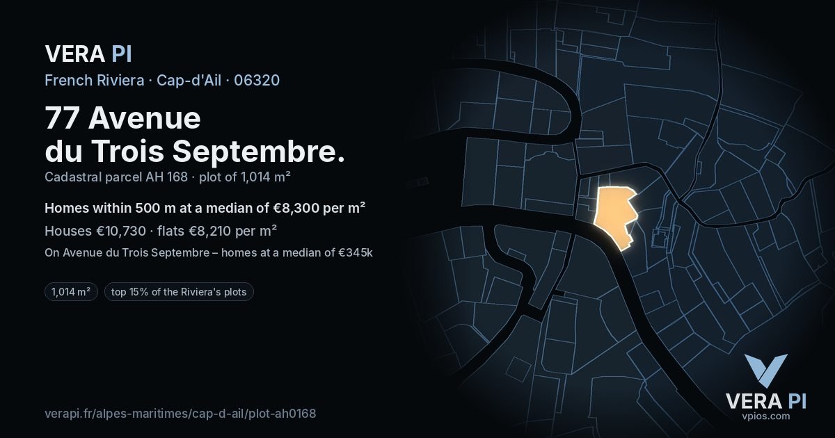 77 Avenue du Trois Septembre, Cap-d'Ail at night – the plot lit, the parcels around coloured by the prices near them