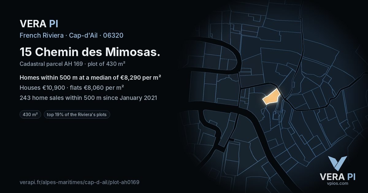 15 Chemin des Mimosas, Cap-d'Ail at night – the plot lit, the parcels around coloured by the prices near them