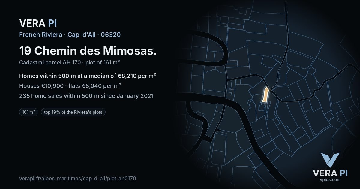 19 Chemin des Mimosas, Cap-d'Ail at night – the plot lit, the parcels around coloured by the prices near them