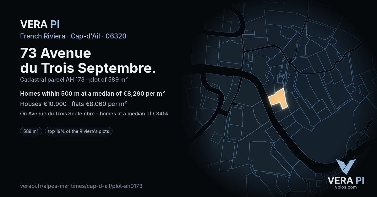 73 Avenue du Trois Septembre, Cap-d'Ail at night – the plot lit, the parcels around coloured by the prices near them