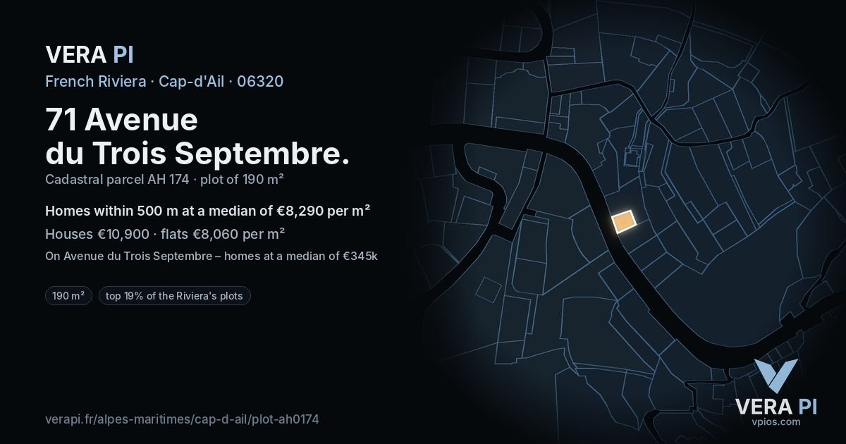 71 Avenue du Trois Septembre, Cap-d'Ail at night – the plot lit, the parcels around coloured by the prices near them