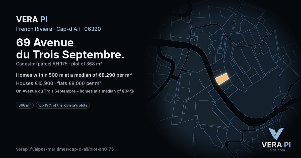 69 Avenue du Trois Septembre, Cap-d'Ail at night – the plot lit, the parcels around coloured by the prices near them