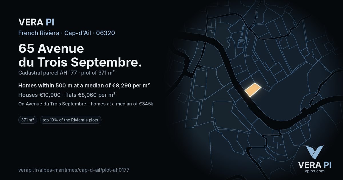 65 Avenue du Trois Septembre, Cap-d'Ail at night – the plot lit, the parcels around coloured by the prices near them