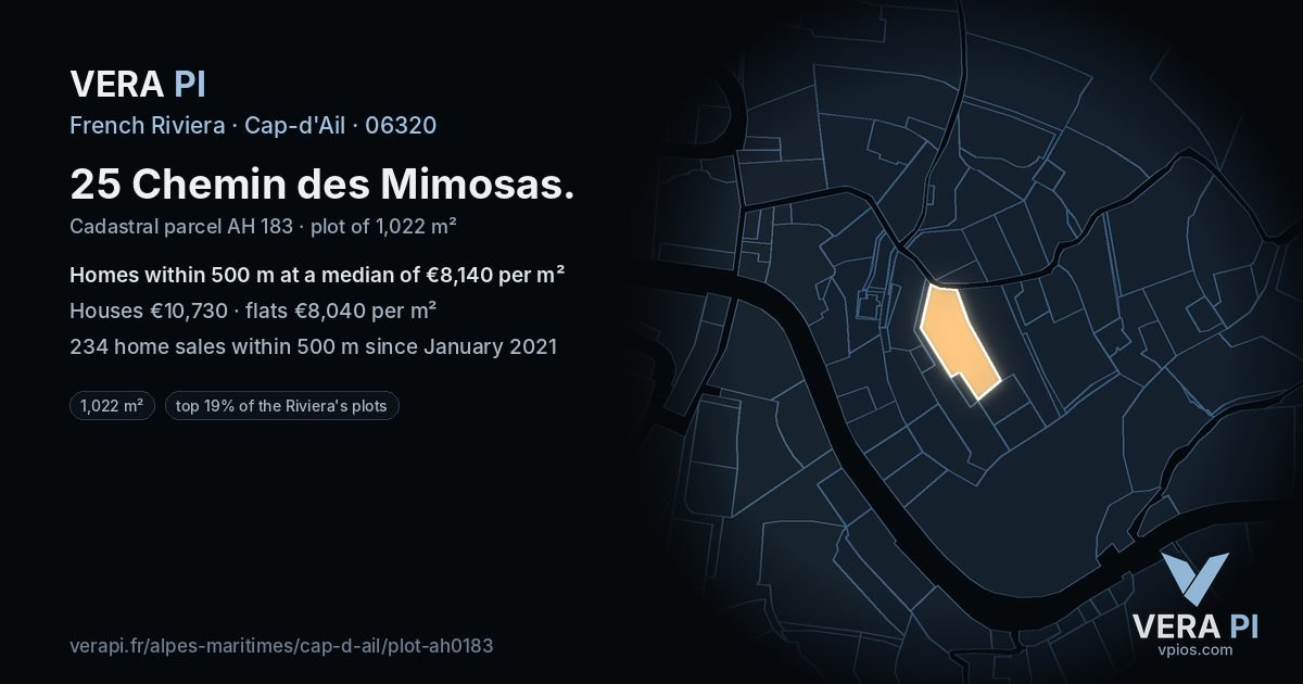 25 Chemin des Mimosas, Cap-d'Ail at night – the plot lit, the parcels around coloured by the prices near them