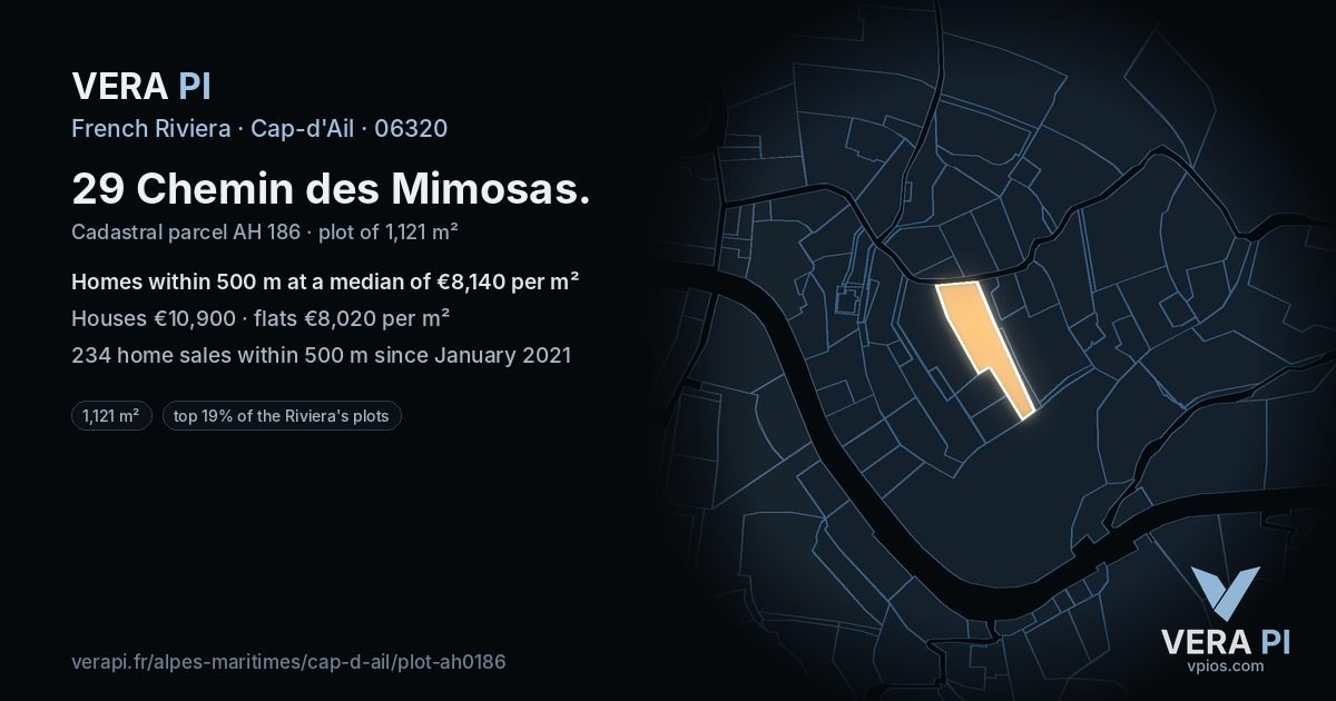 29 Chemin des Mimosas, Cap-d'Ail at night – the plot lit, the parcels around coloured by the prices near them