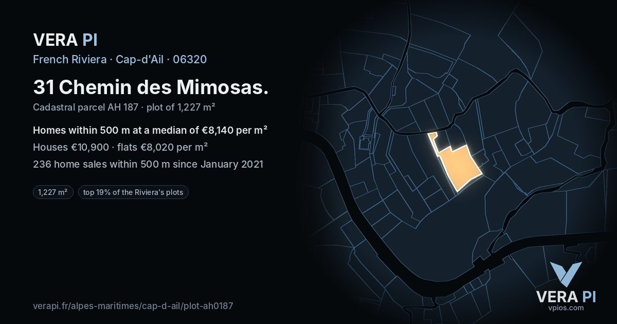 31 Chemin des Mimosas, Cap-d'Ail at night – the plot lit, the parcels around coloured by the prices near them