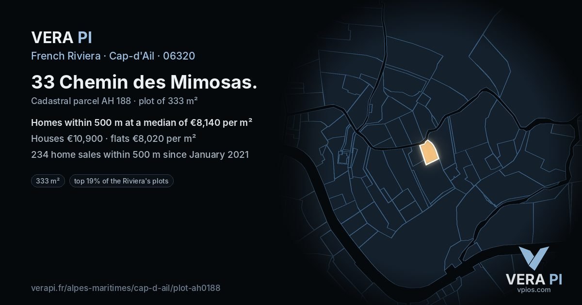 33 Chemin des Mimosas, Cap-d'Ail at night – the plot lit, the parcels around coloured by the prices near them