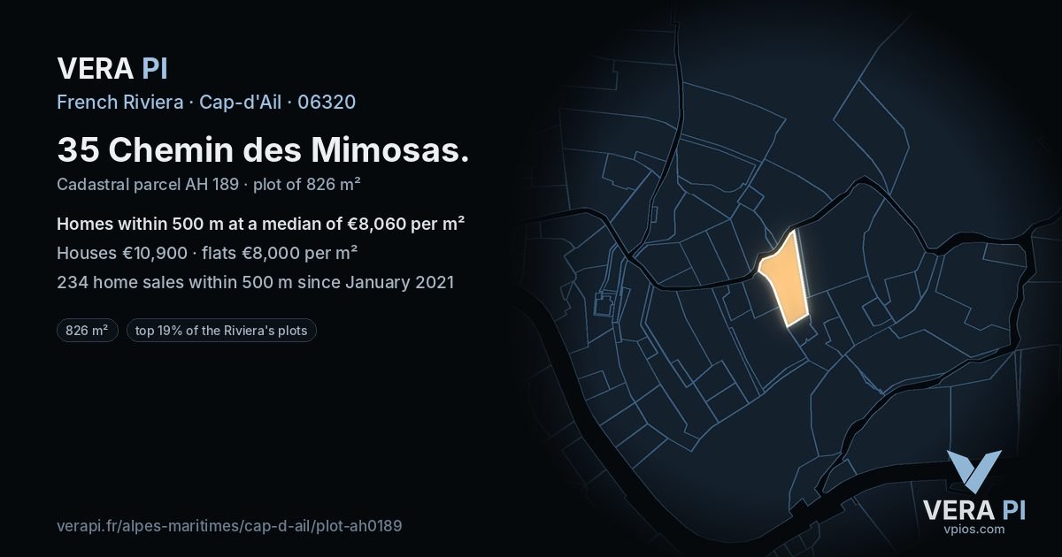 35 Chemin des Mimosas, Cap-d'Ail at night – the plot lit, the parcels around coloured by the prices near them