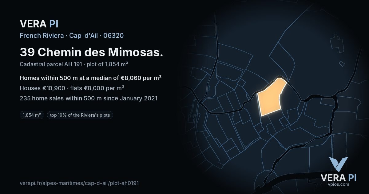 39 Chemin des Mimosas, Cap-d'Ail at night – the plot lit, the parcels around coloured by the prices near them