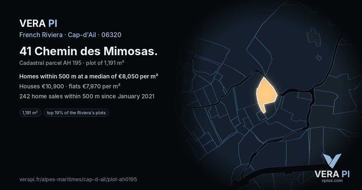 41 Chemin des Mimosas, Cap-d'Ail at night – the plot lit, the parcels around coloured by the prices near them