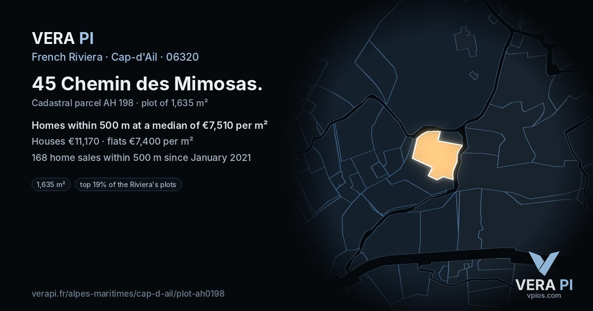 45 Chemin des Mimosas, Cap-d'Ail at night – the plot lit, the parcels around coloured by the prices near them