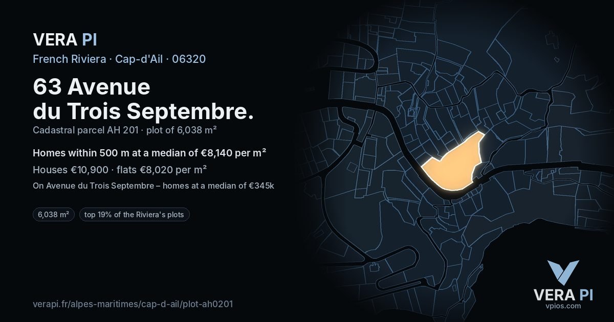 63 Avenue du Trois Septembre, Cap-d'Ail at night – the plot lit, the parcels around coloured by the prices near them