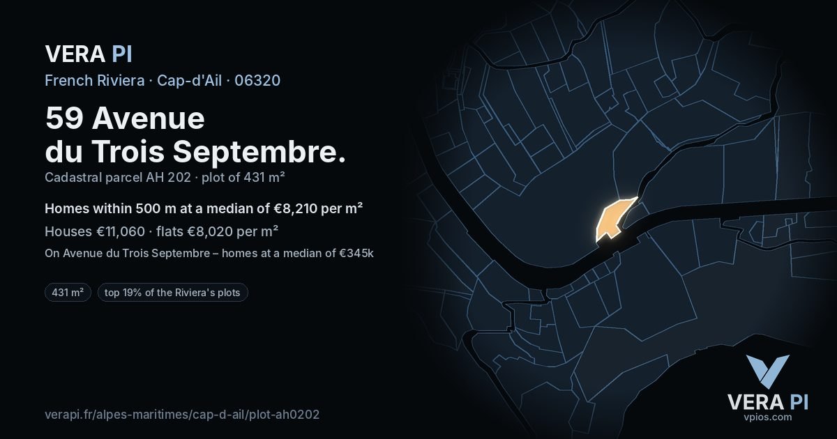 59 Avenue du Trois Septembre, Cap-d'Ail at night – the plot lit, the parcels around coloured by the prices near them