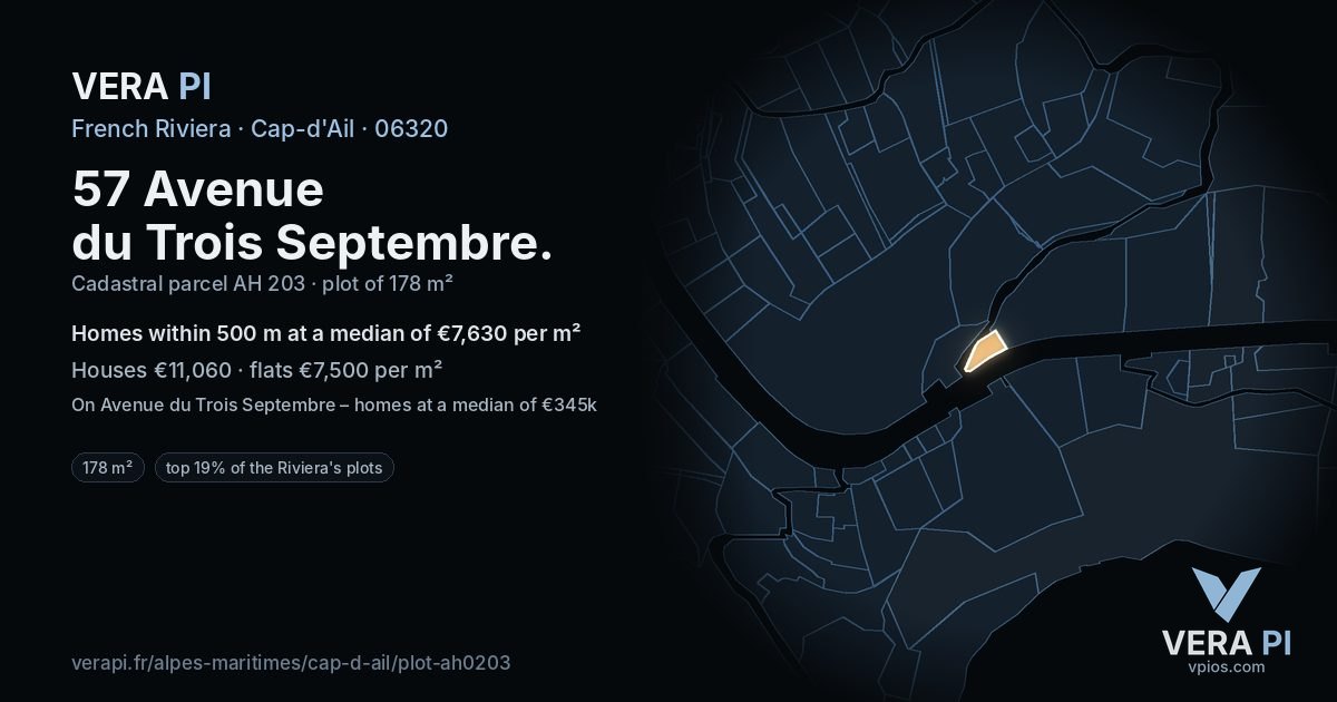 57 Avenue du Trois Septembre, Cap-d'Ail at night – the plot lit, the parcels around coloured by the prices near them