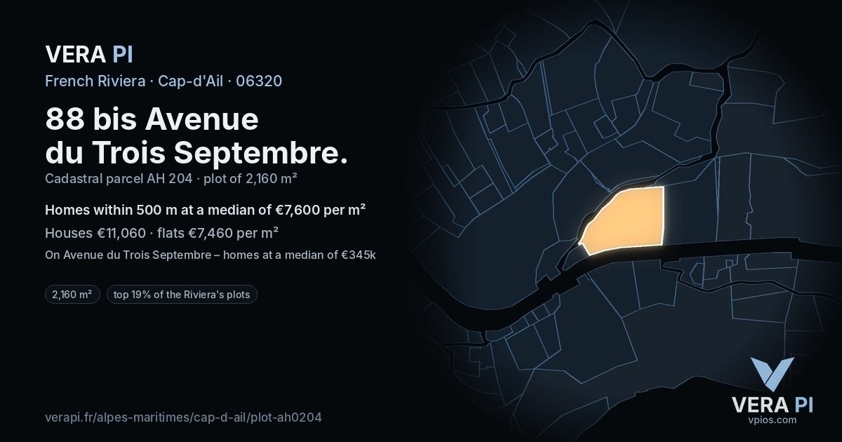 88 bis Avenue du Trois Septembre, Cap-d'Ail at night – the plot lit, the parcels around coloured by the prices near them