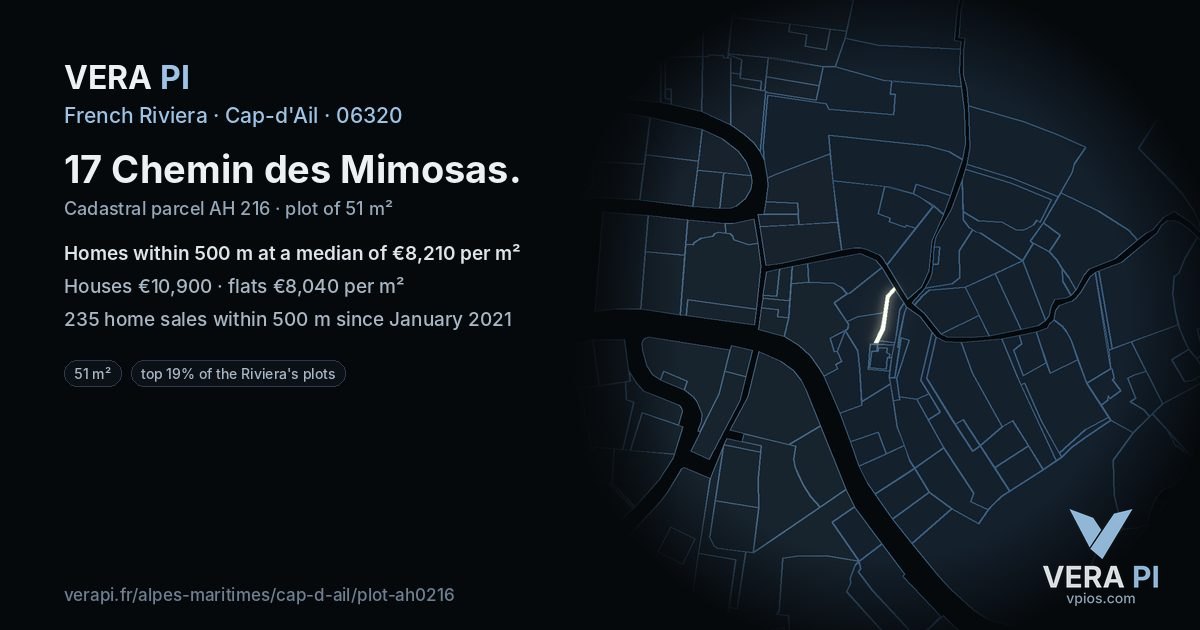 17 Chemin des Mimosas, Cap-d'Ail at night – the plot lit, the parcels around coloured by the prices near them