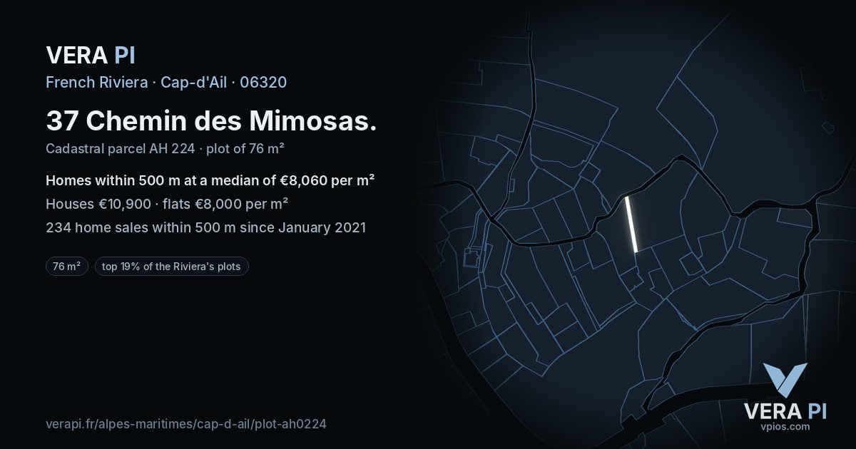 37 Chemin des Mimosas, Cap-d'Ail at night – the plot lit, the parcels around coloured by the prices near them