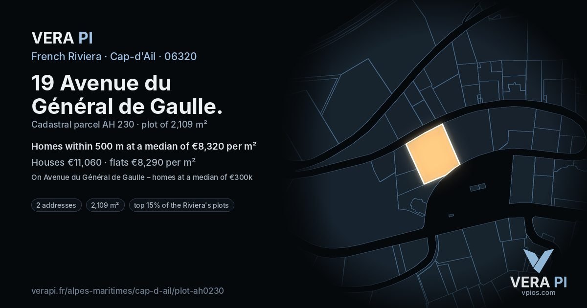 19 Avenue du Général de Gaulle, Cap-d'Ail at night – the plot lit, the parcels around coloured by the prices near them