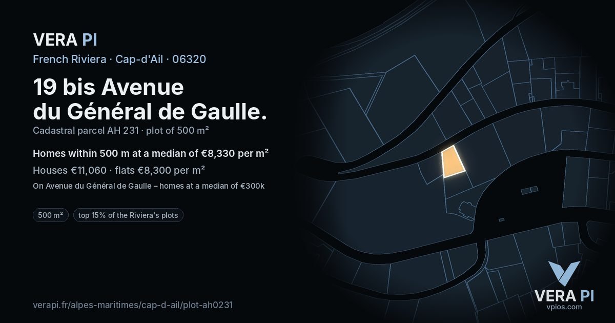 19 bis Avenue du Général de Gaulle, Cap-d'Ail at night – the plot lit, the parcels around coloured by the prices near them
