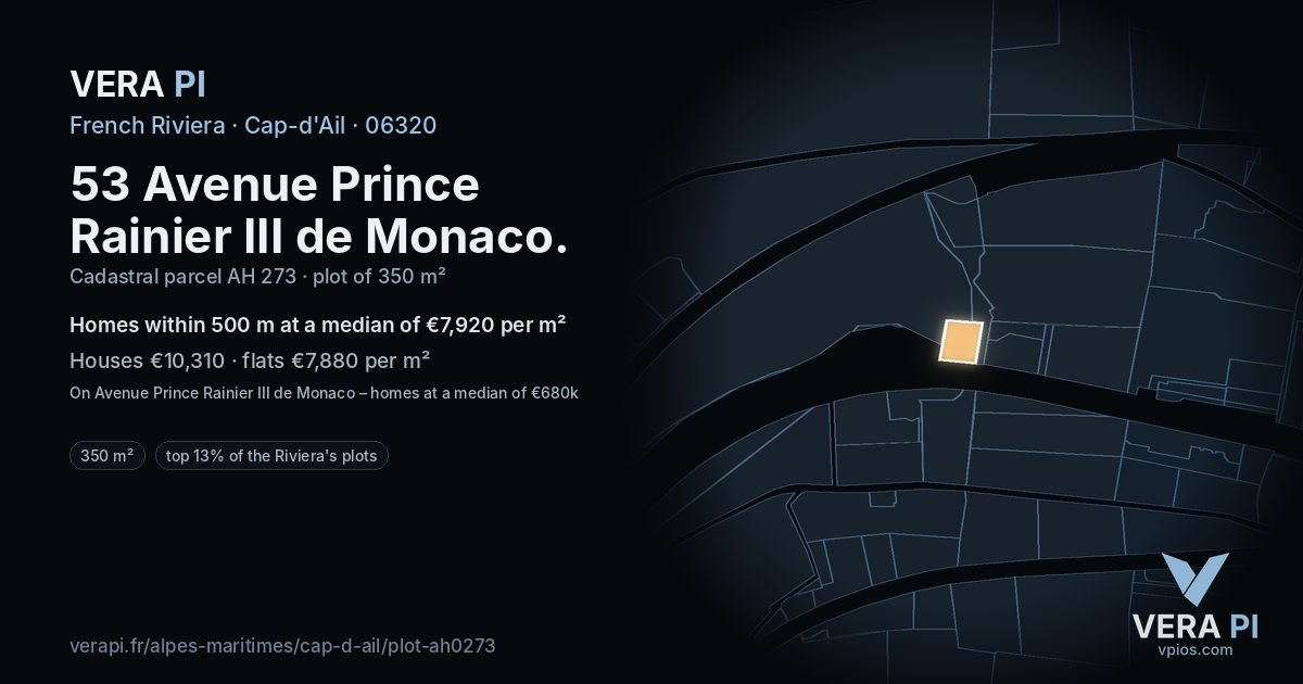 53 Avenue Prince Rainier III de Monaco, Cap-d'Ail at night – the plot lit, the parcels around coloured by the prices near them
