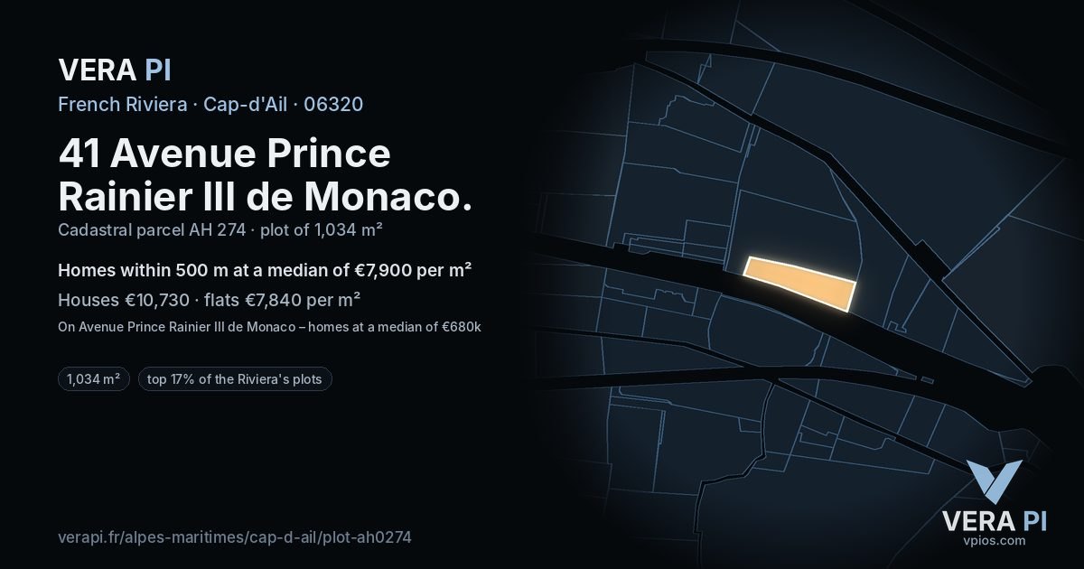 41 Avenue Prince Rainier III de Monaco, Cap-d'Ail at night – the plot lit, the parcels around coloured by the prices near them