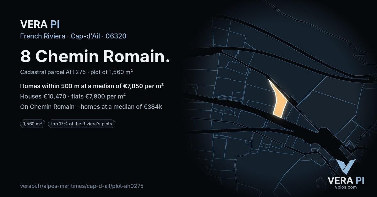 8 Chemin Romain, Cap-d'Ail at night – the plot lit, the parcels around coloured by the prices near them