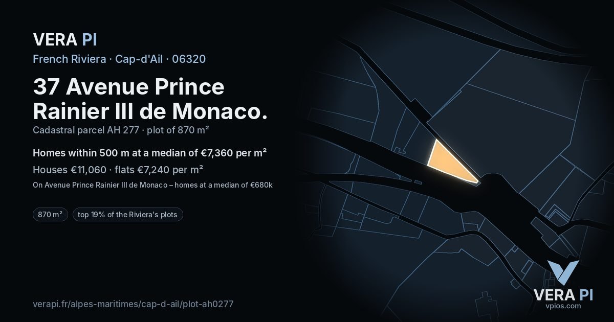37 Avenue Prince Rainier III de Monaco, Cap-d'Ail at night – the plot lit, the parcels around coloured by the prices near them