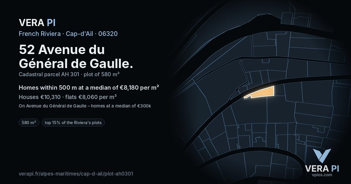 52 Avenue du Général de Gaulle, Cap-d'Ail at night – the plot lit, the parcels around coloured by the prices near them