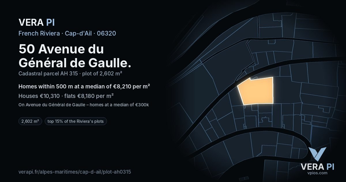50 Avenue du Général de Gaulle, Cap-d'Ail at night – the plot lit, the parcels around coloured by the prices near them