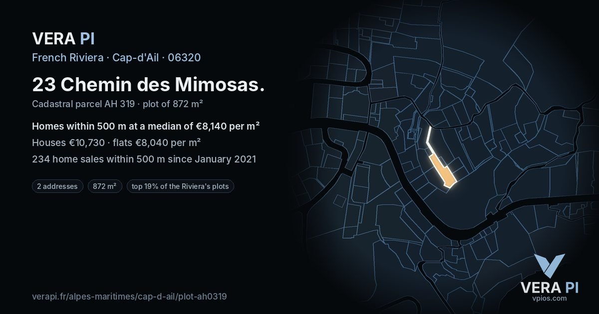 23 Chemin des Mimosas, Cap-d'Ail at night – the plot lit, the parcels around coloured by the prices near them