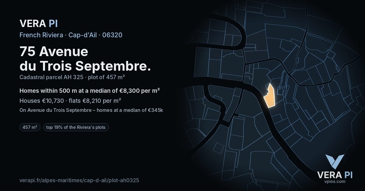 75 Avenue du Trois Septembre, Cap-d'Ail at night – the plot lit, the parcels around coloured by the prices near them