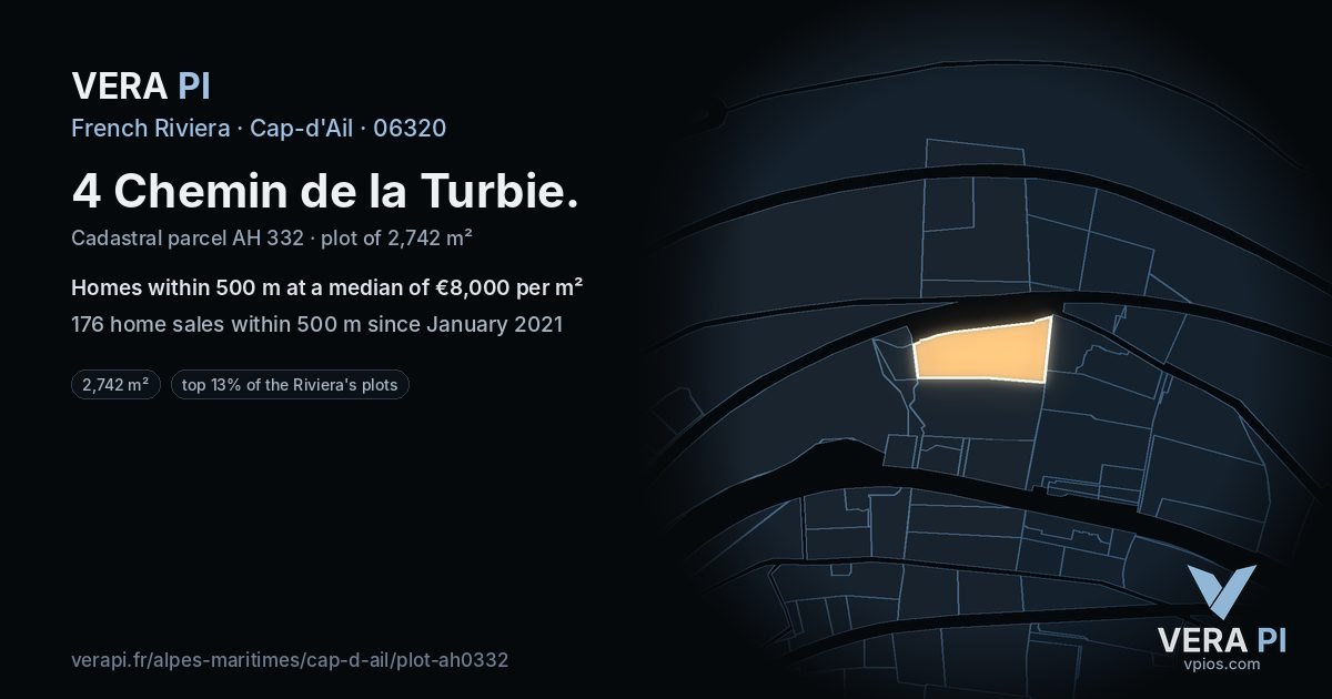 4 Chemin de la Turbie, Cap-d'Ail at night – the plot lit, the parcels around coloured by the prices near them