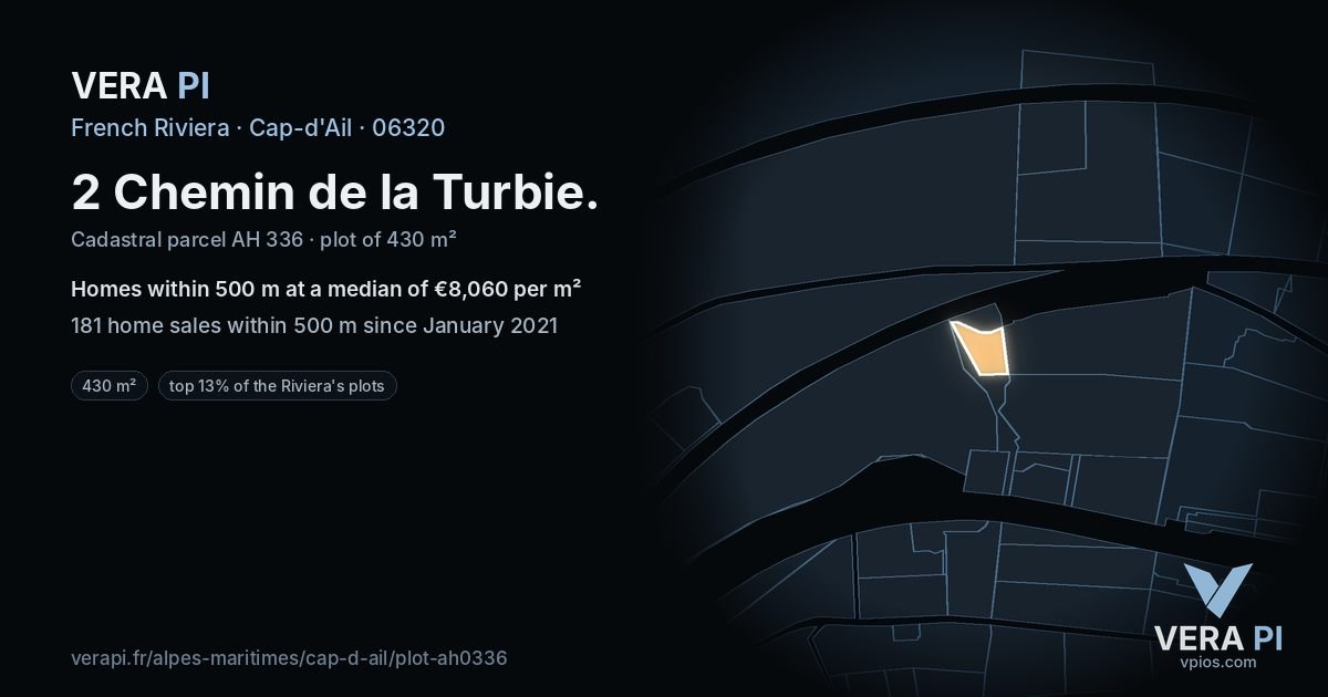 2 Chemin de la Turbie, Cap-d'Ail at night – the plot lit, the parcels around coloured by the prices near them