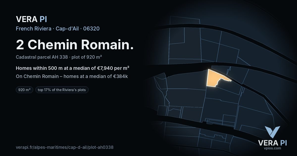 2 Chemin Romain, Cap-d'Ail at night – the plot lit, the parcels around coloured by the prices near them