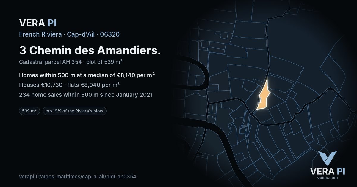 3 Chemin des Amandiers, Cap-d'Ail at night – the plot lit, the parcels around coloured by the prices near them