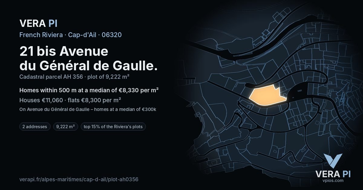 21 bis Avenue du Général de Gaulle, Cap-d'Ail at night – the plot lit, the parcels around coloured by the prices near them