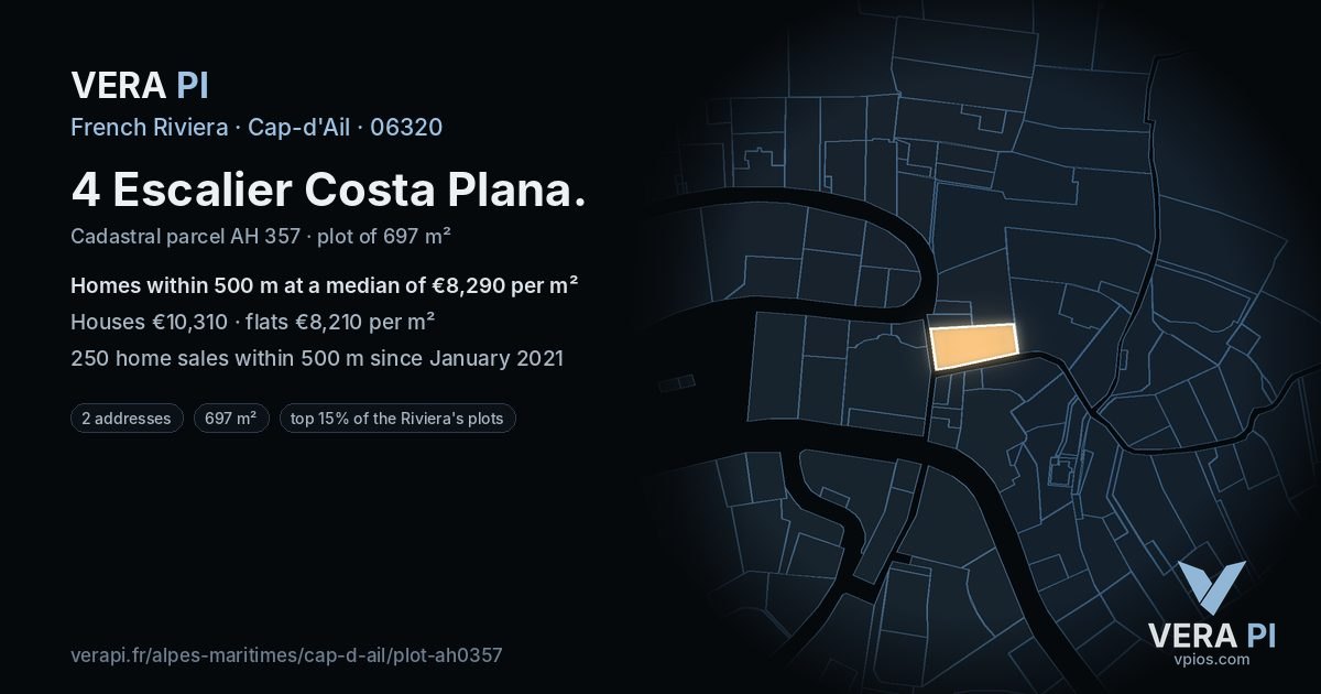 4 Escalier Costa Plana, Cap-d'Ail at night – the plot lit, the parcels around coloured by the prices near them