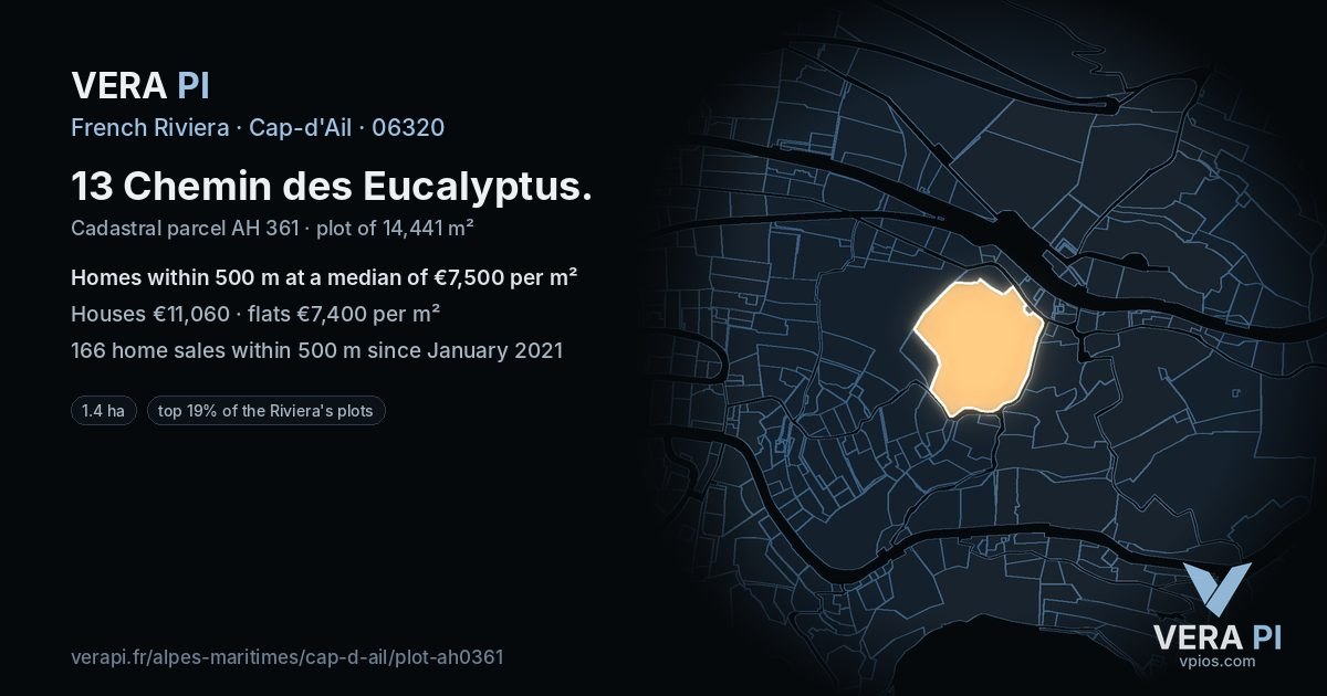 13 Chemin des Eucalyptus, Cap-d'Ail at night – the plot lit, the parcels around coloured by the prices near them