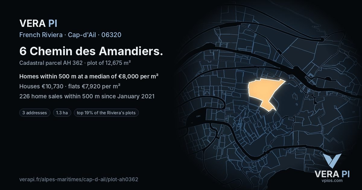 6 Chemin des Amandiers, Cap-d'Ail at night – the plot lit, the parcels around coloured by the prices near them