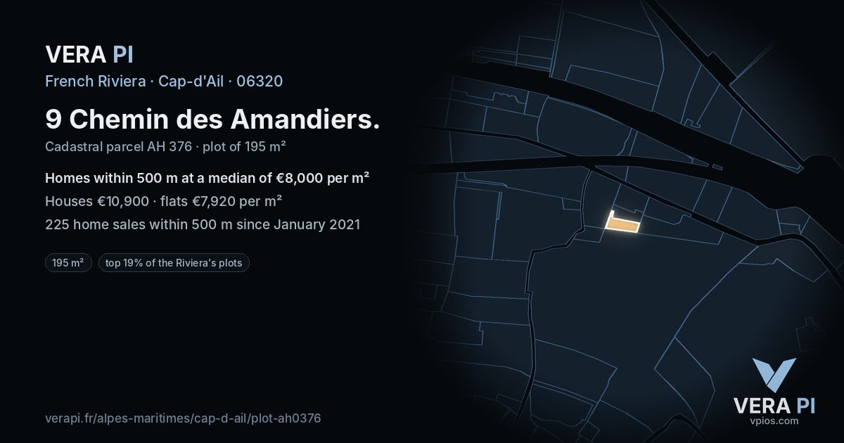 9 Chemin des Amandiers, Cap-d'Ail at night – the plot lit, the parcels around coloured by the prices near them