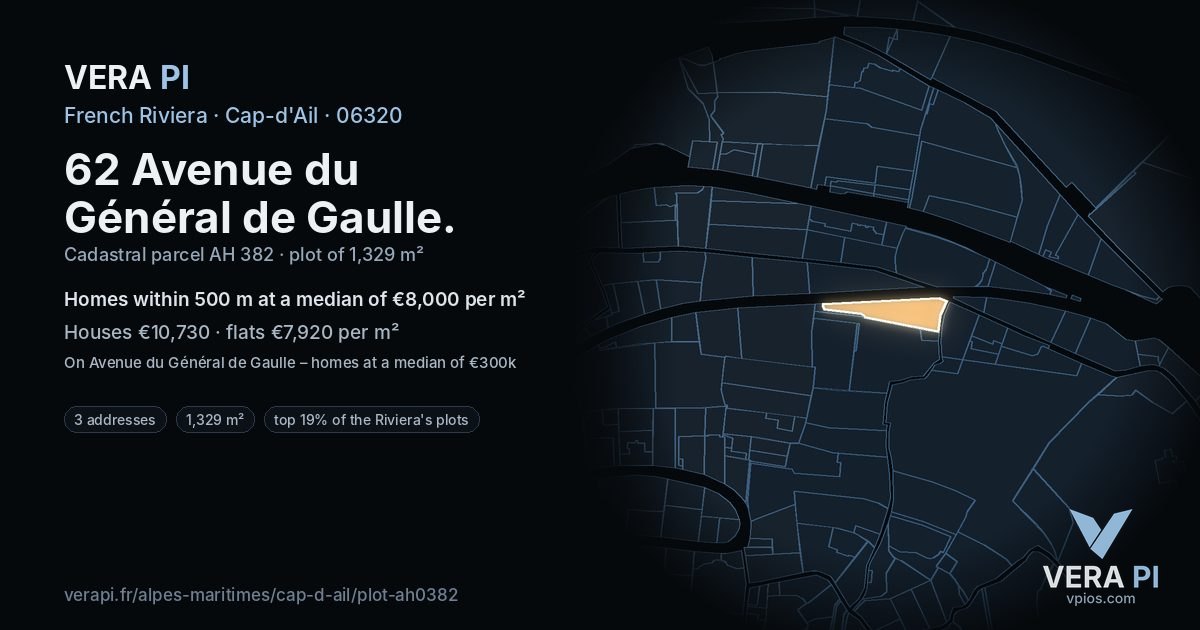 62 Avenue du Général de Gaulle, Cap-d'Ail at night – the plot lit, the parcels around coloured by the prices near them
