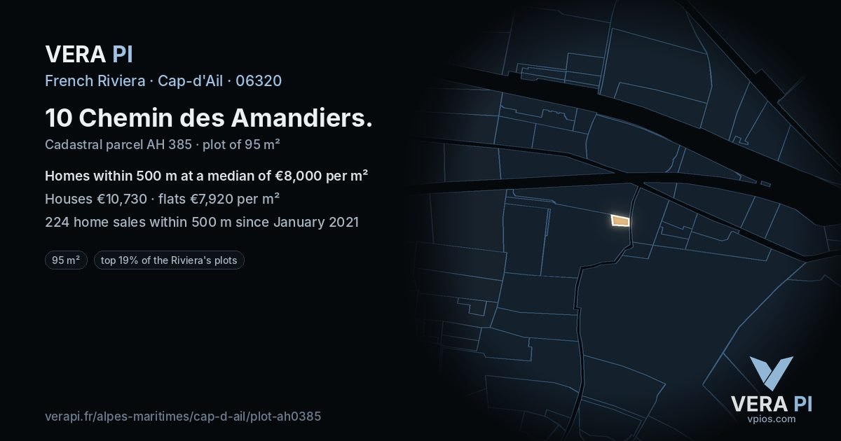 10 Chemin des Amandiers, Cap-d'Ail at night – the plot lit, the parcels around coloured by the prices near them